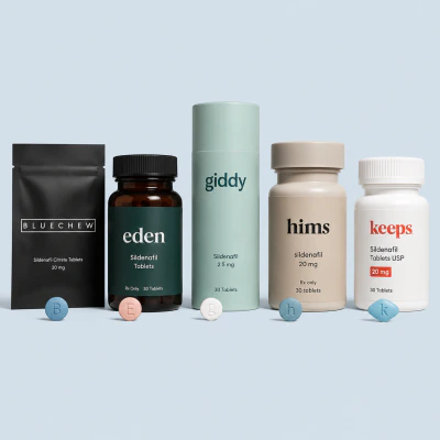 Five sildenafil packages: a sachet, two tablet bottles and two cartons, each with a tablet in front of it
