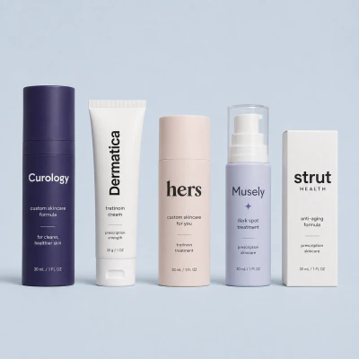 Five prescription skincare packages: a pump bottle, a tretinoin cream tube, two cartons and a serum